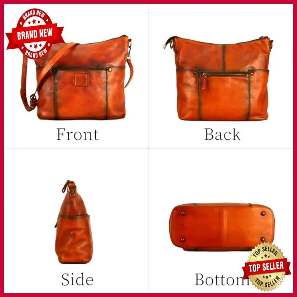 Genuine Leather Hobo Crossbody Bag Adjustable Strap Multiple Pockets